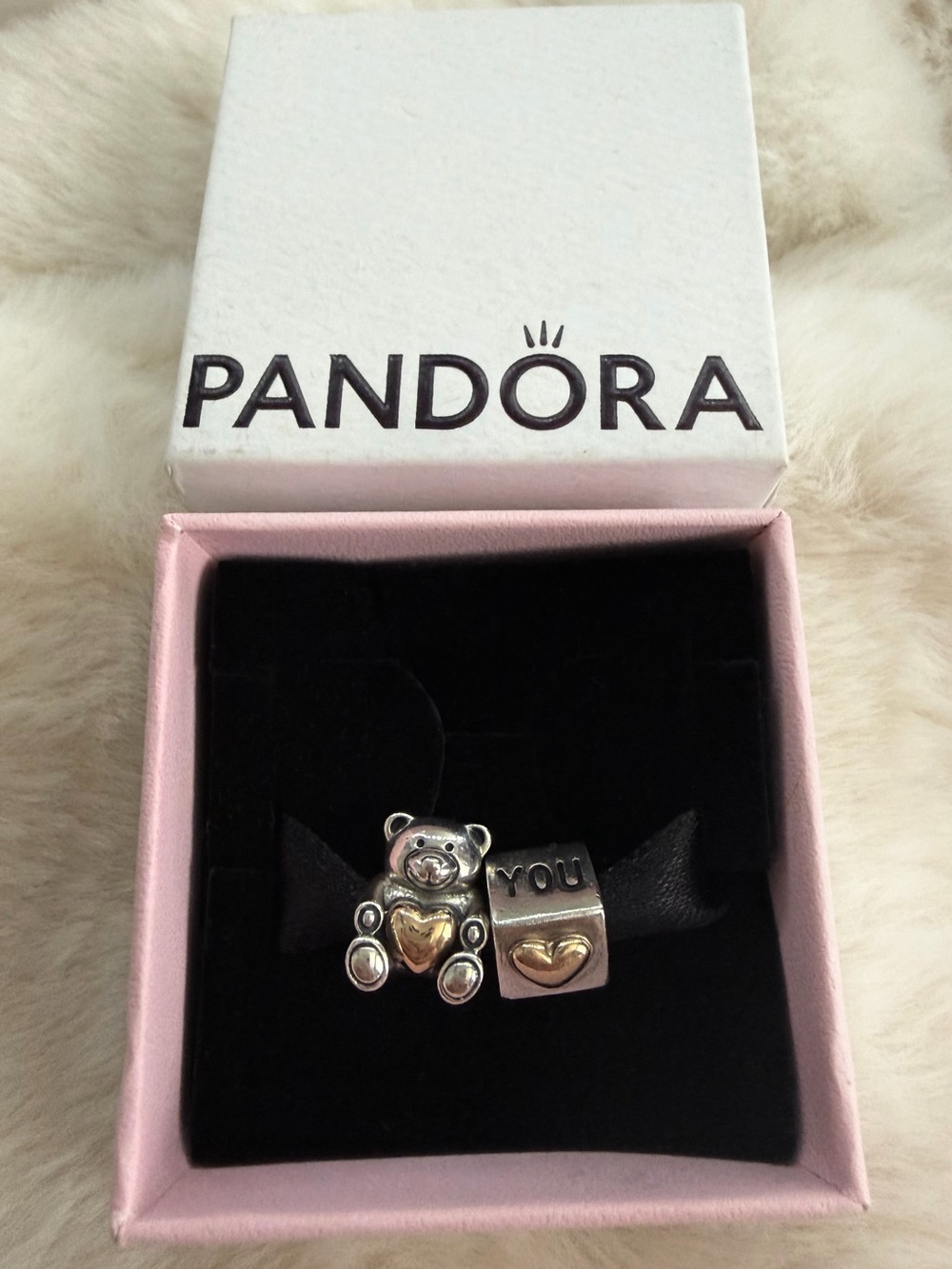 Pandora Sterling Silver & 14K Gold “Bear My Heart” & “I Love You Cube” Charm Set